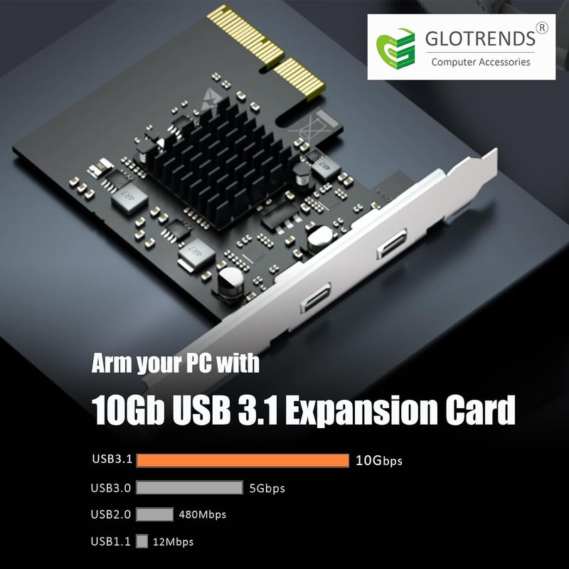 GLOTRENDS U3142C 2-Port 10Gb USB 3.1 Gen2 Type-C to PCIE X4 Expansion Card with ASM 3142 Chip, Regular and Low-profible Bracket - Image 2